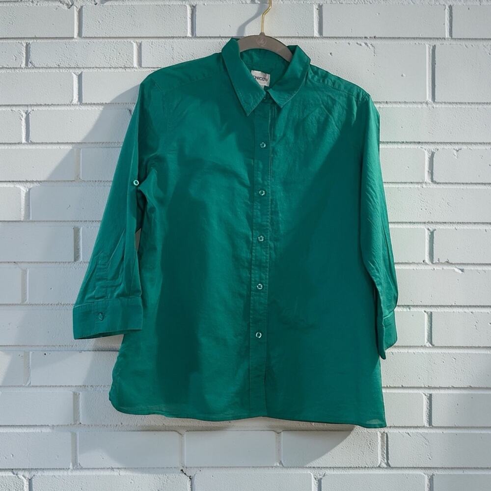 Chico’s Emerald Green Button Down Shirt Size 2 Large Cotton Preppy Career